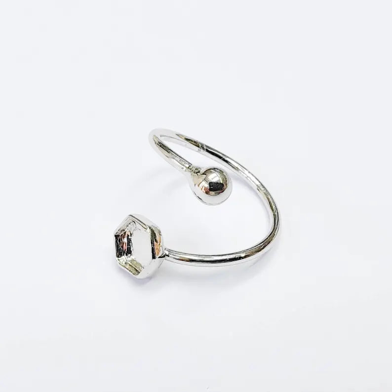 Hexagon Ring Blank Setting, Cabochon Bezel, Adjustable Shiny Silver Plated Brass (6mm bezel) G37578