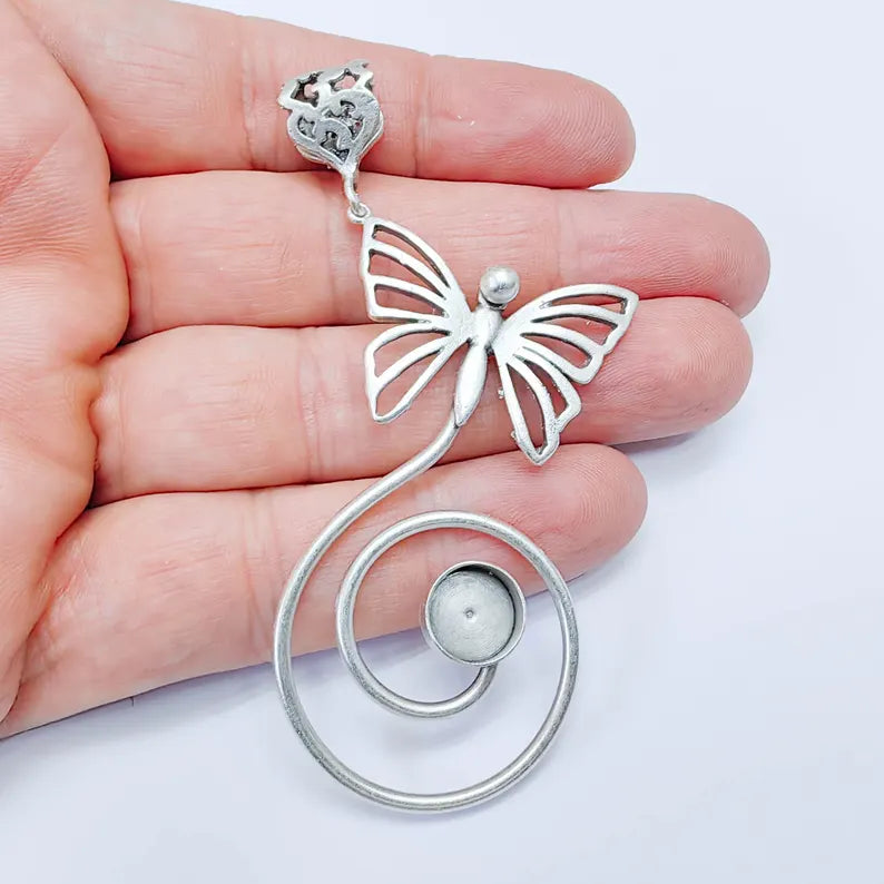 Butterfly Spiral Pendant with 10mm Bezel, Artistic Swirl Design Jewelry Connector, 85x33mm G37581