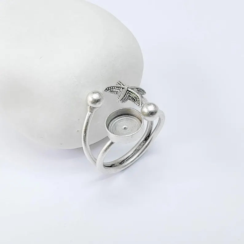 Ring Blank, Adjustable Ring Base, 8mm Bezel Setting, Starfish Design, Antique Silver, G37583