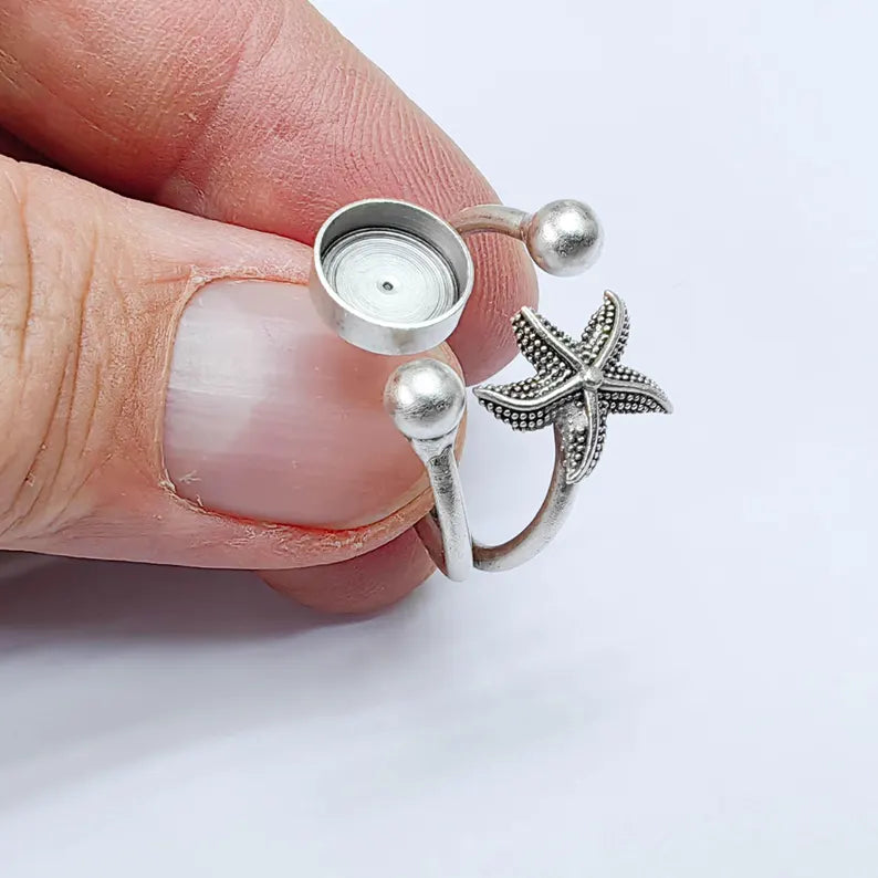 Ring Blank, Adjustable Ring Base, 8mm Bezel Setting, Starfish Design, Antique Silver, G37583