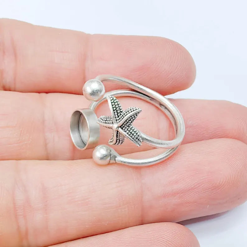 Ring Blank, Adjustable Ring Base, 8mm Bezel Setting, Starfish Design, Antique Silver, G37583