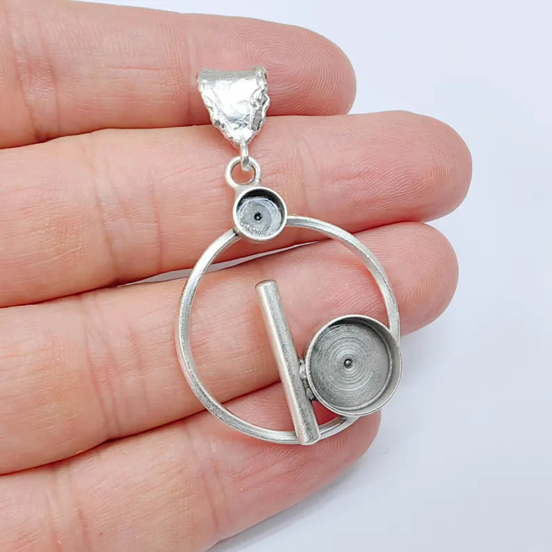 Pendant Bezel Setting, Geometric 12mm and 6mm Bezel Cups, Antique Silver Brass, 39x30mm, G37585
