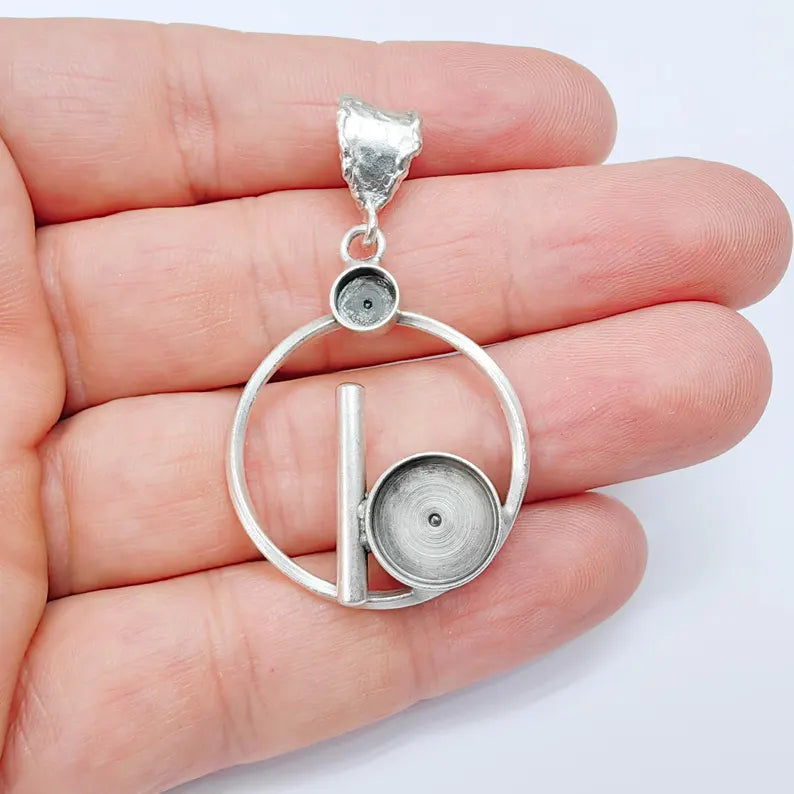 Pendant Bezel Setting, Geometric 12mm and 6mm Bezel Cups, Antique Silver Brass, 39x30mm, G37585