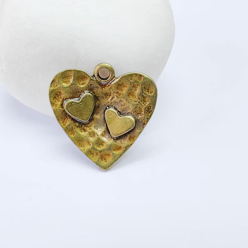 Hammered Double Heart Charm, Pendant, Boho Jewelry Making Supplies, Antique Bronze Plated, 23mm G37586