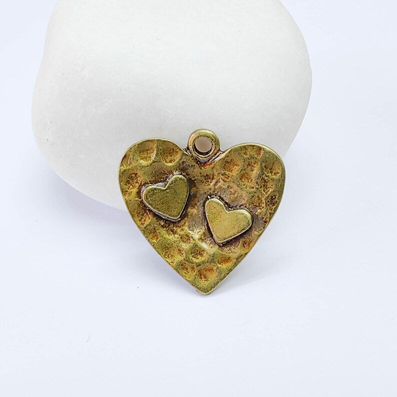 Hammered Double Heart Charm, Pendant, Boho Jewelry Making Supplies, Antique Bronze Plated, 23mm G37586