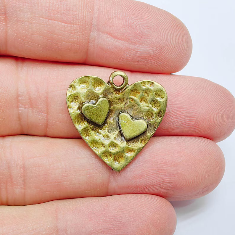 Hammered Double Heart Charm, Pendant, Boho Jewelry Making Supplies, Antique Bronze Plated, 23mm G37586