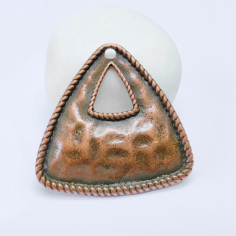 Triangle Pendant, Hammered Copper Plated Charm, Textured Boho Connector, 42x41mm, G37588