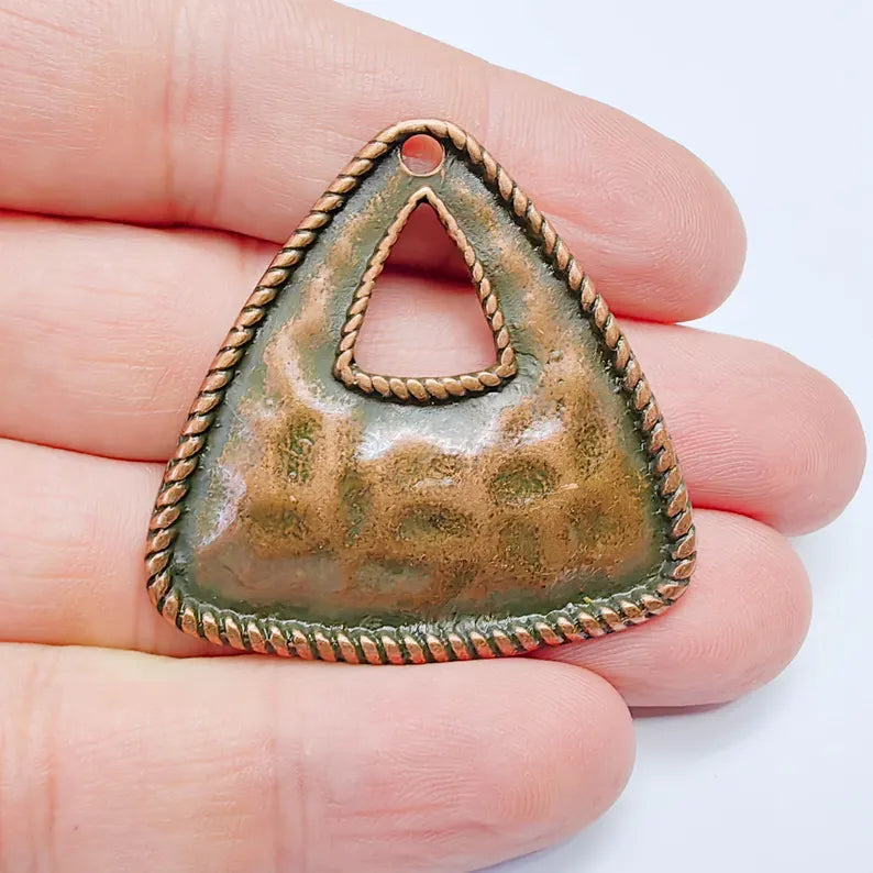 Triangle Pendant, Hammered Copper Plated Charm, Textured Boho Connector, 42x41mm, G37588