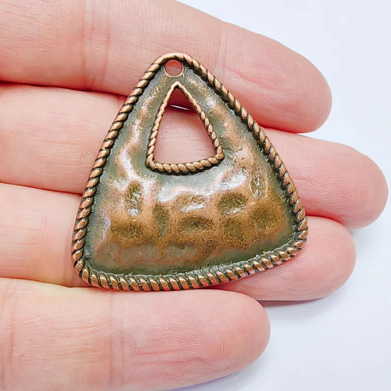 Triangle Pendant, Hammered Copper Plated Charm, Textured Boho Connector, 42x41mm, G37588