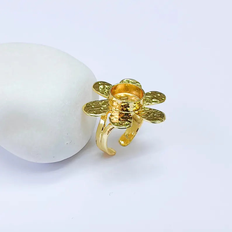 Flower Ring Blank, 10mm Bezel Adjustable Ring, 24K Gold Brass, G37590