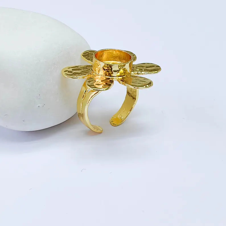 Flower Ring Blank, 10mm Bezel Adjustable Ring, 24K Gold Brass, G37590