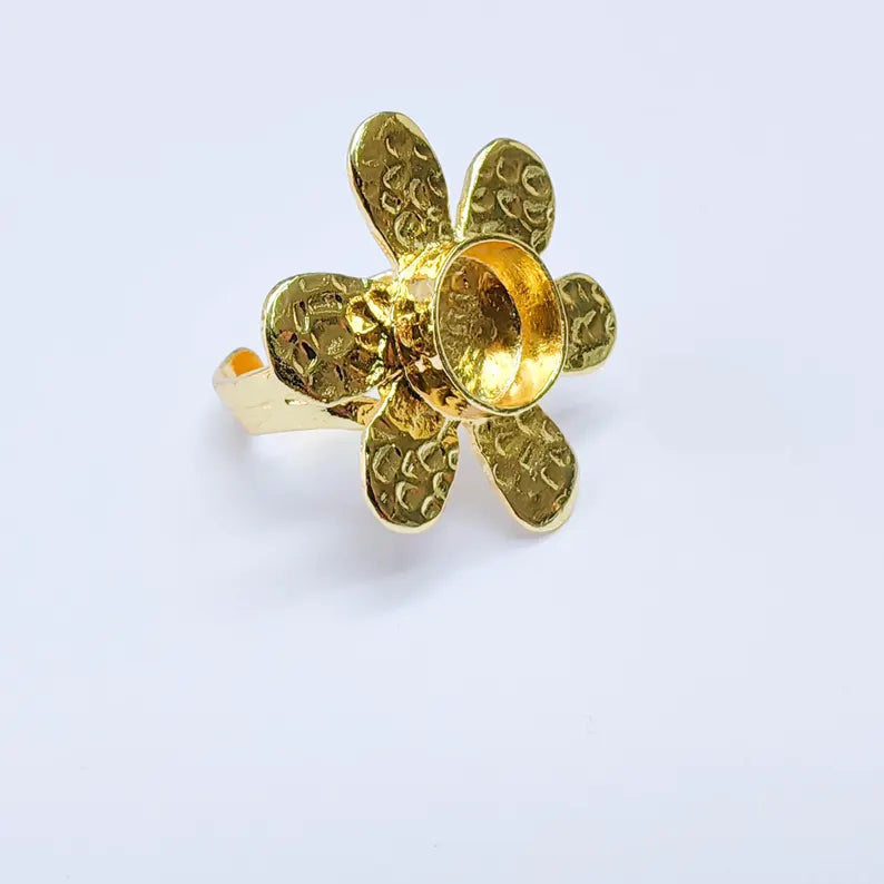 Flower Ring Blank, 10mm Bezel Adjustable Ring, 24K Gold Brass, G37590