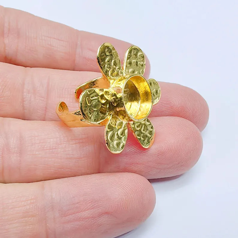 Flower Ring Blank, 10mm Bezel Adjustable Ring, 24K Gold Brass, G37590