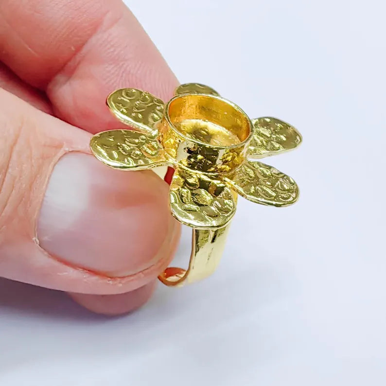 Flower Ring Blank, 10mm Bezel Adjustable Ring, 24K Gold Brass, G37590