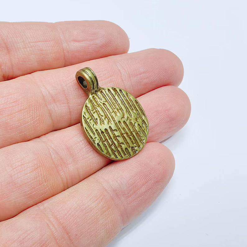 Textured Round Pendant, Antique Bronze Plated Zamac Charm, 30x21mm Jewelry Finding, G37593