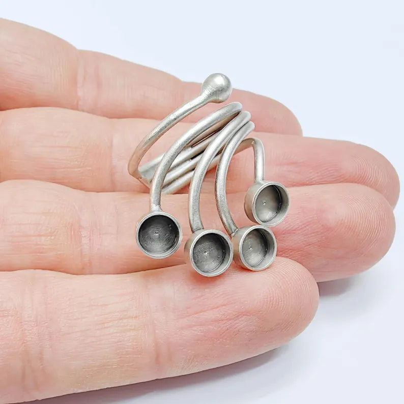 Adjustable Ring Base, 6mm Quad Bezel Ring, Antique Silver, Resin Setting, G37617