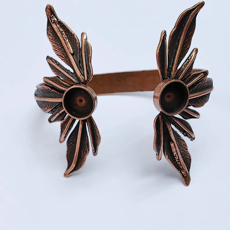 Feathers Bracelet Bezel Blank Resin Bezel Cabochon Cuff Base Settings Adjustable Bracelet Antique Copper Plated Brass (10mm Bezel) G37618