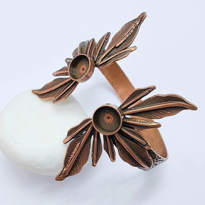 Feathers Bracelet Bezel Blank Resin Bezel Cabochon Cuff Base Settings Adjustable Bracelet Antique Copper Plated Brass (10mm Bezel) G37618