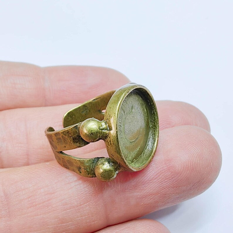 Adjustable Ring Base, 15mm Round Bezel Setting, Antique Bronze Jewelry Making, G37620