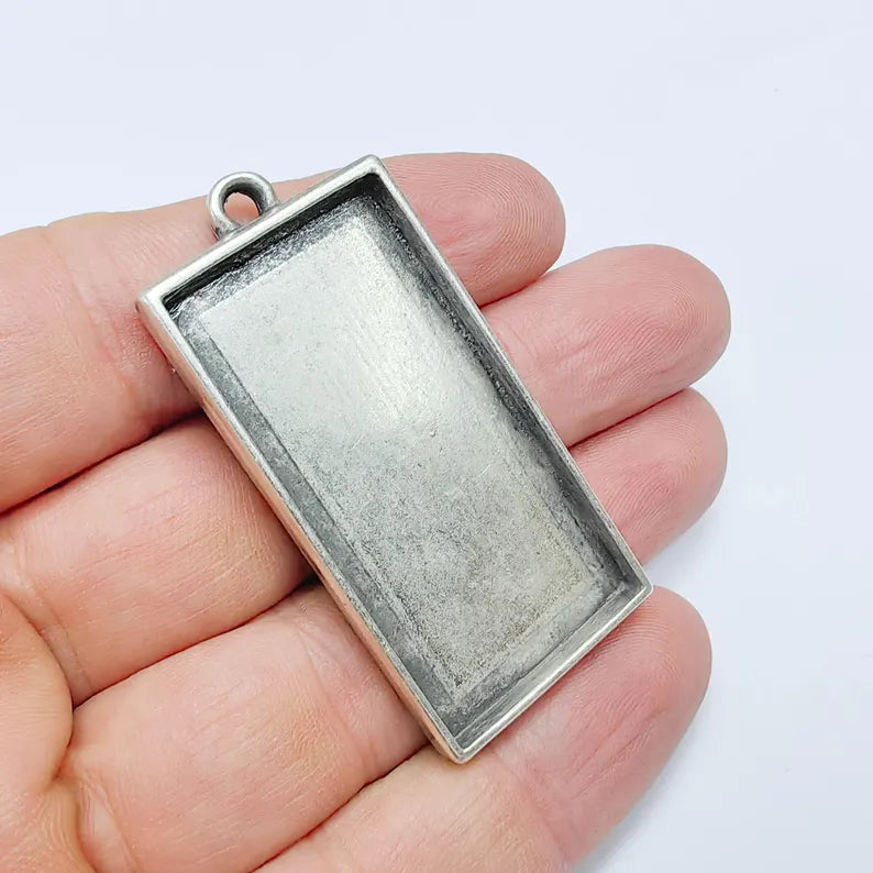Rectangle Pendant Blank, 48×24mm Bezel, Antique Silver, Zamac Jewelry Setting, G37598