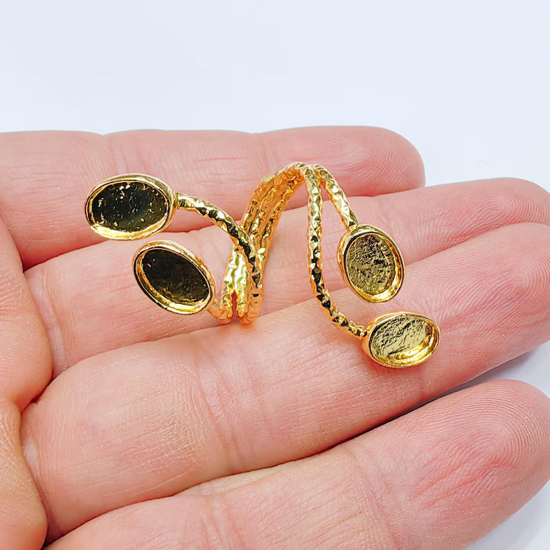 Oval Gold ring setting cabochon mounting adjustable base bezel 24k Shiny Gold brass G37624