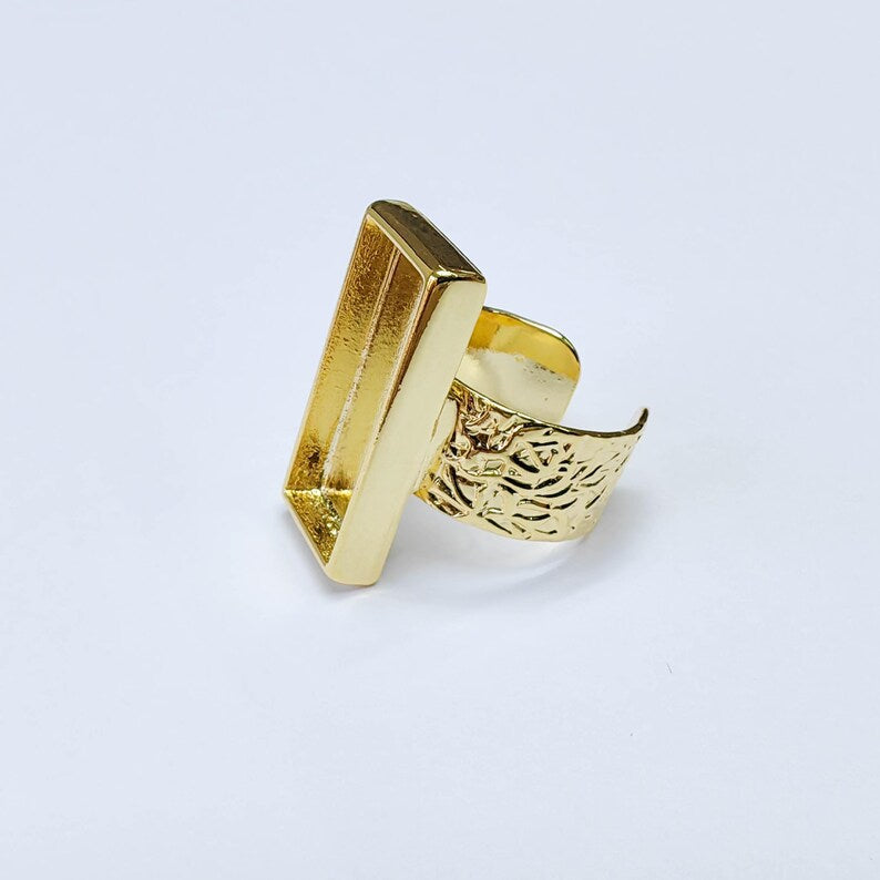 Rectangle Ring Blank Setting, Cabochon Blank, Resin Bezel, Mounting, Adjustable 24k Gold 25x10mm G37602