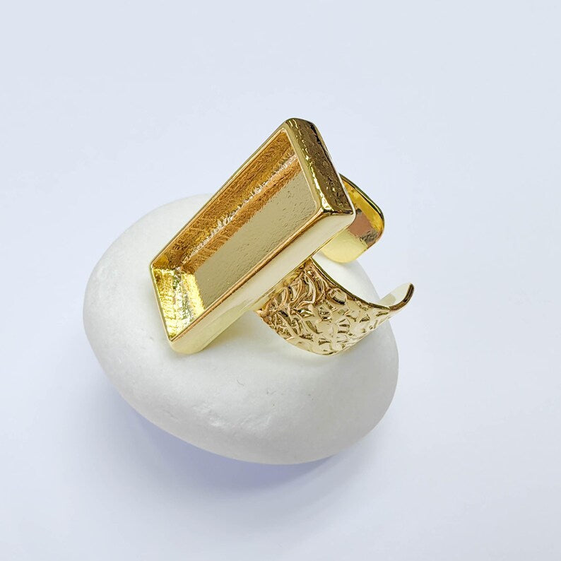 Rectangle Ring Blank Setting, Cabochon Blank, Resin Bezel, Mounting, Adjustable 24k Gold 25x10mm G37602