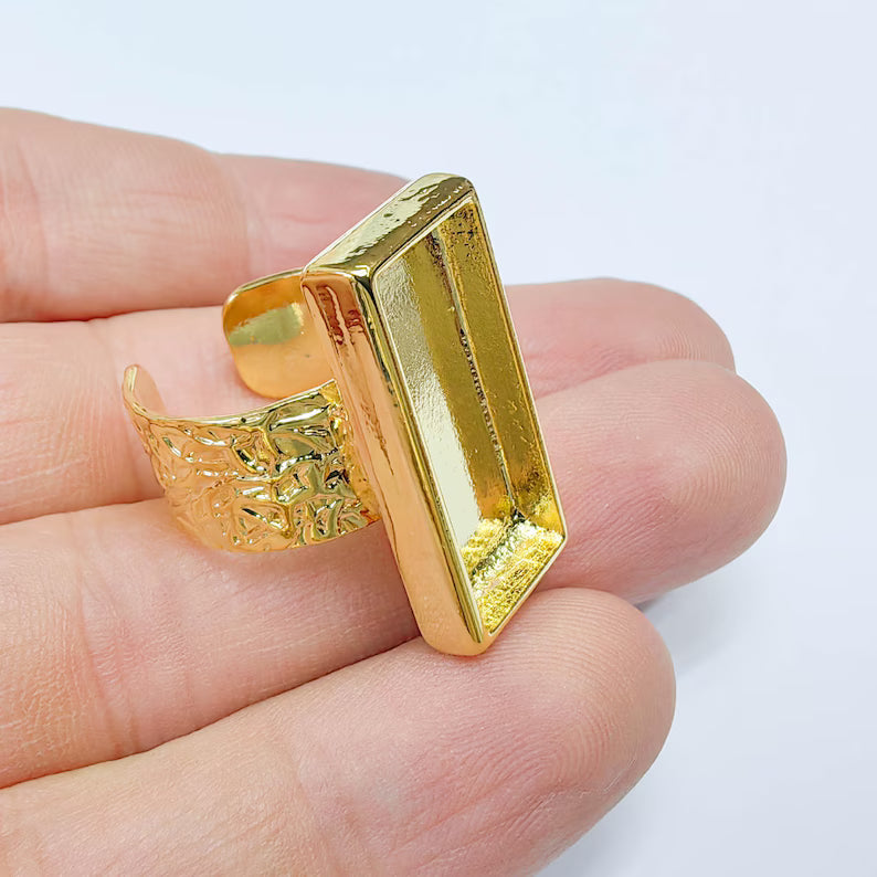 Rectangle Ring Blank Setting, Cabochon Blank, Resin Bezel, Mounting, Adjustable 24k Gold 25x10mm G37602