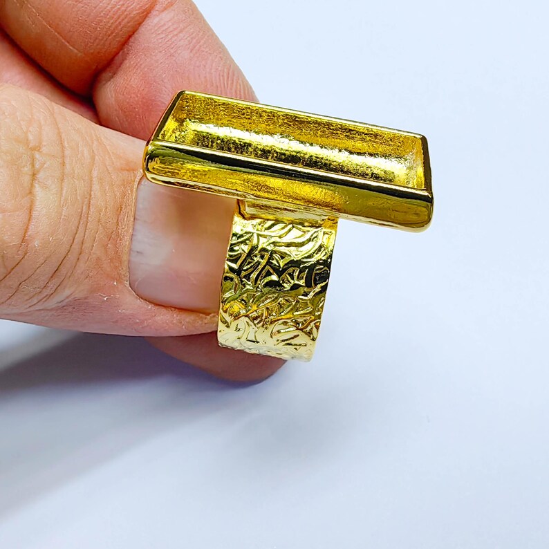 Rectangle Ring Blank Setting, Cabochon Blank, Resin Bezel, Mounting, Adjustable 24k Gold 25x10mm G37602