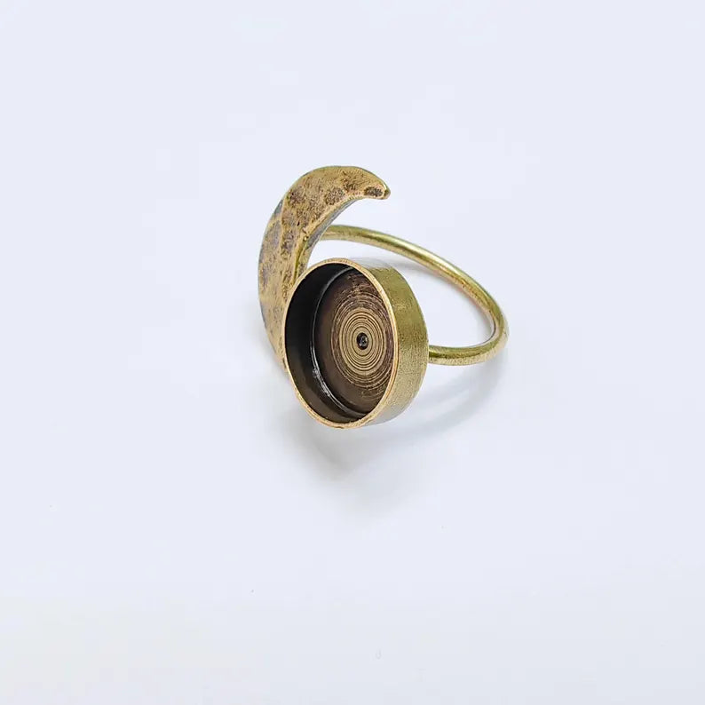 Crescent Moon Adjustable Ring, 12mm Bezel Setting, Antique Bronze Ring Base, G37626