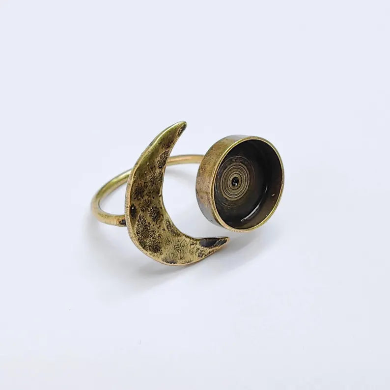 Crescent Moon Adjustable Ring, 12mm Bezel Setting, Antique Bronze Ring Base, G37626