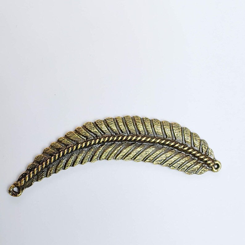 Feather Connector, Bronze Plated Leaf Component, Boho Jewelry Making Supply, 82x18mm, G37634