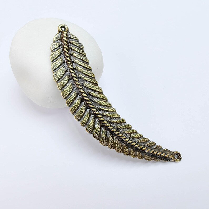 Feather Connector, Bronze Plated Leaf Component, Boho Jewelry Making Supply, 82x18mm, G37634
