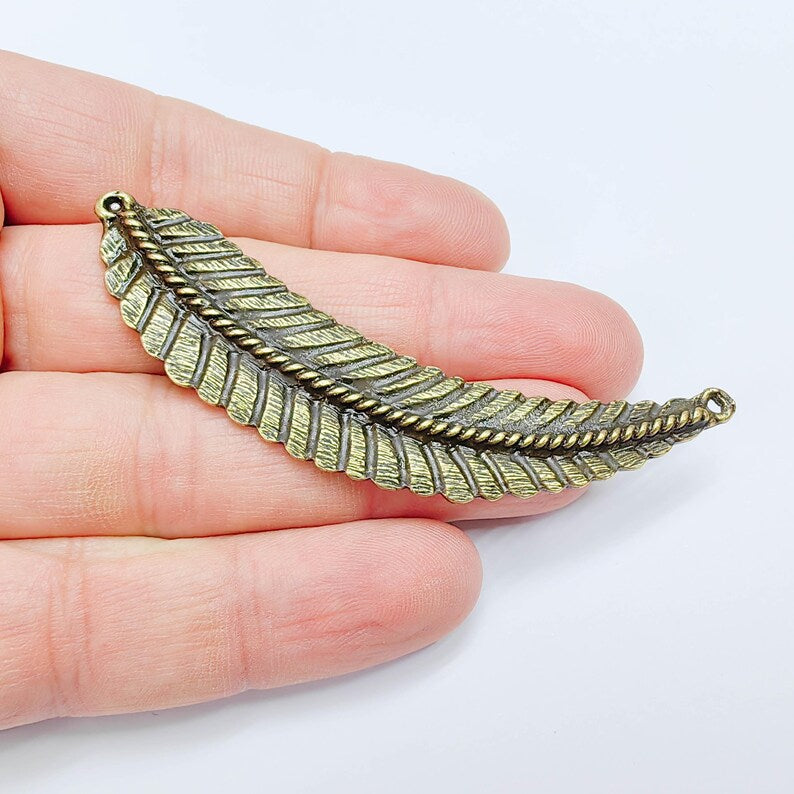 Feather Connector, Bronze Plated Leaf Component, Boho Jewelry Making Supply, 82x18mm, G37634