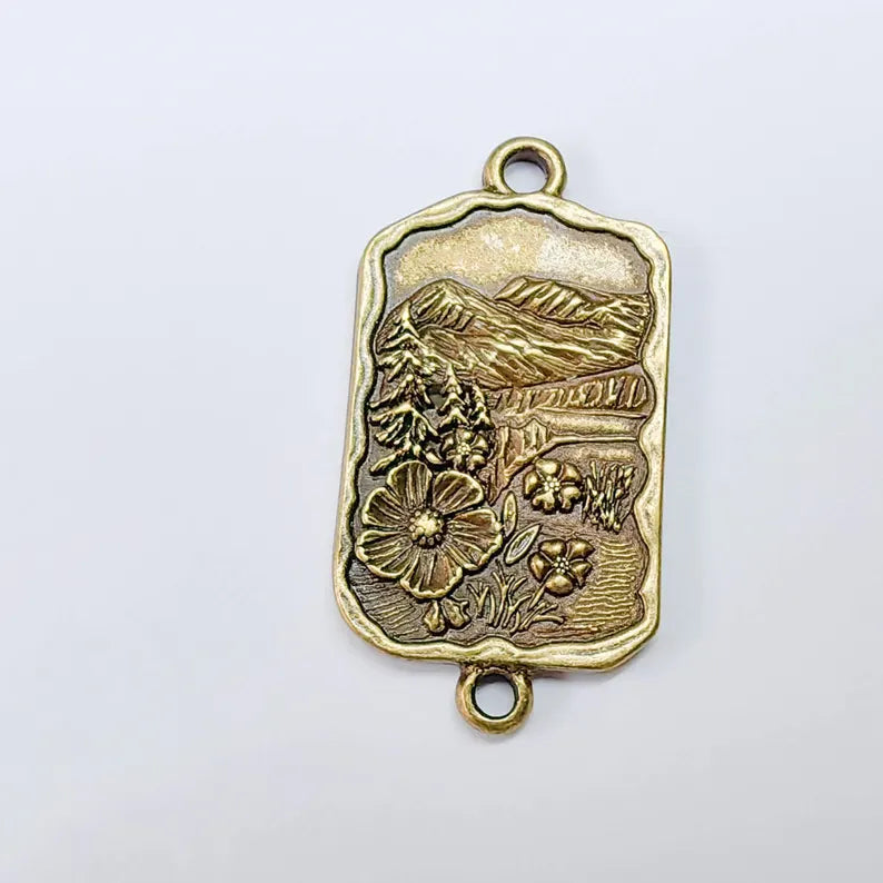 Mountain Landscape Pendant Connector, Antique Bronze Plated, Nature Jewelry Supplies, 37x19mm, G37636