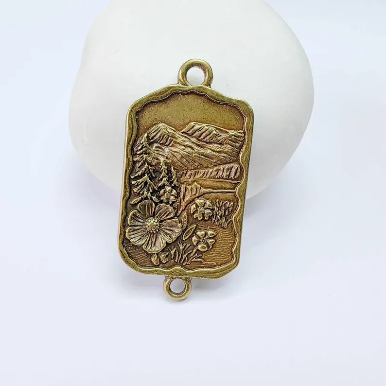 Mountain Landscape Pendant Connector, Antique Bronze Plated, Nature Jewelry Supplies, 37x19mm, G37636