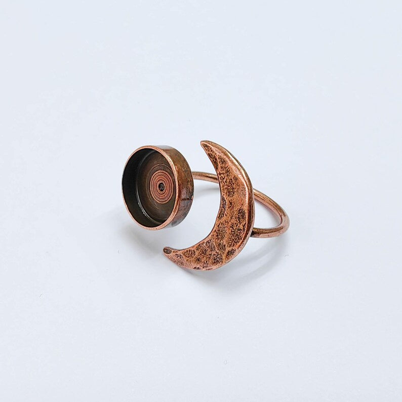 Crescent Moon Adjustable Ring, 12mm Bezel Setting, Antique Copper Ring Base, G37637