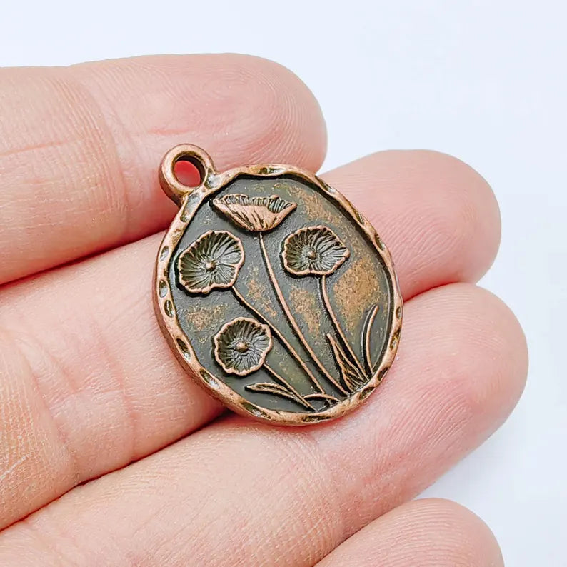 Poppy Flower Charm, Round Floral Pendant, Antique Copper Plated, Jewelry Making Supplies 28x23mm G37639