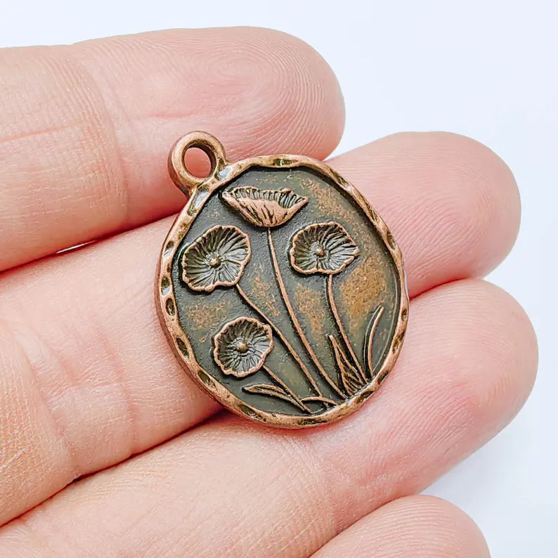 Poppy Flower Charm, Round Floral Pendant, Antique Copper Plated, Jewelry Making Supplies 28x23mm G37639
