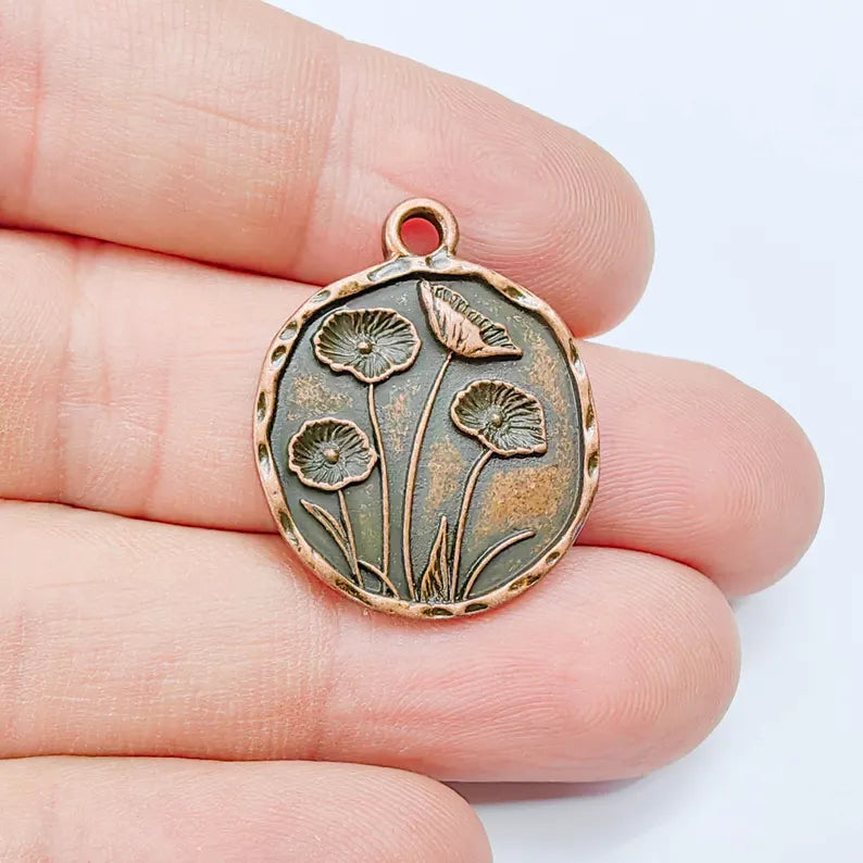 Poppy Flower Charm, Round Floral Pendant, Antique Copper Plated, Jewelry Making Supplies 28x23mm G37639