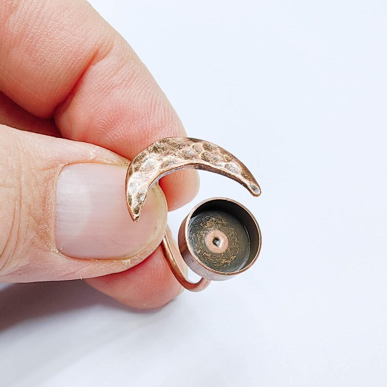 Crescent Moon Adjustable Ring, 10mm Bezel Setting, Antique Copper Ring Base, G37640