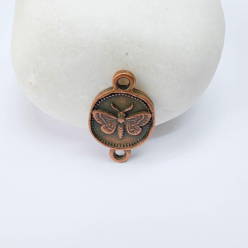 4 Moth Charm Connector Pendant, Double Sided Organic Round Coin Design, Antique Copper, 20x12mm, G37645