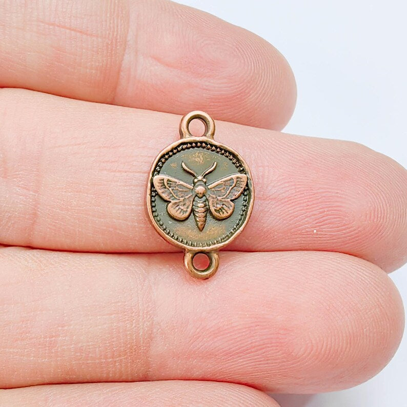 4 Moth Charm Connector Pendant, Double Sided Organic Round Coin Design, Antique Copper, 20x12mm, G37645