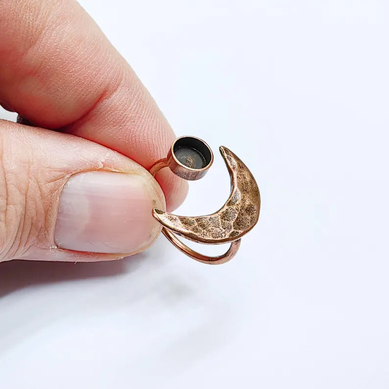 Crescent Moon Adjustable Ring, 6mm Bezel Setting, Antique Copper Ring Base, G37648