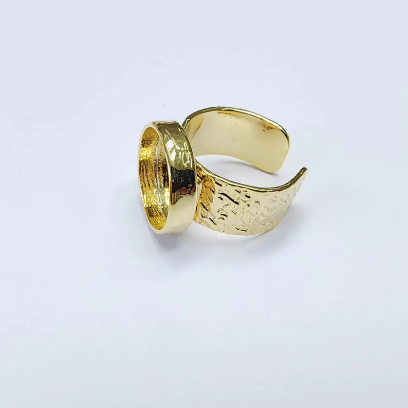 24k Gold Ring Blank, 16mm Round Bezel, Adjustable Band, Cabochon Setting G37605