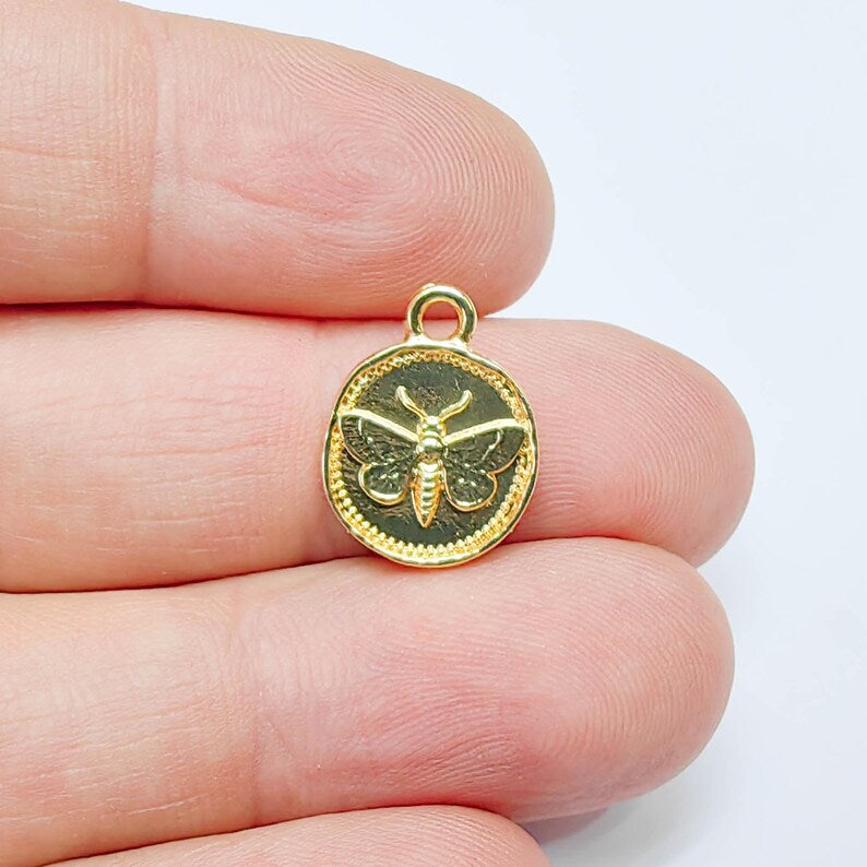 2 Moth Charm, Double Sided for Bracelets and Necklaces 24k Shiny Gold 16x13mm G37607