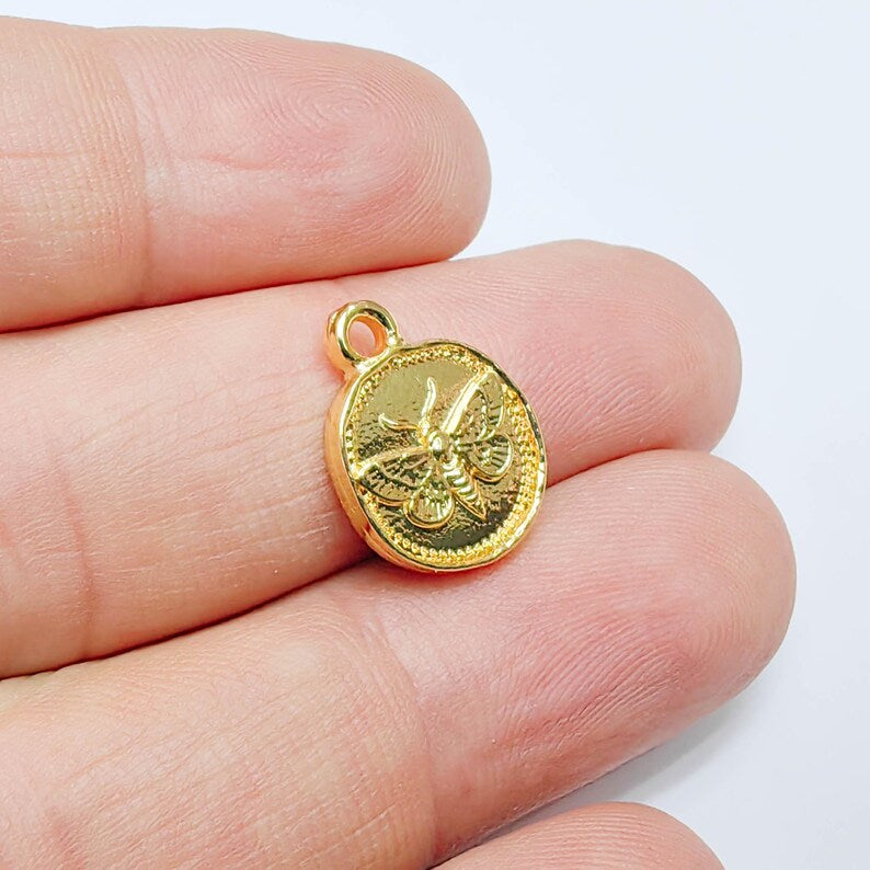 2 Moth Charm, Double Sided for Bracelets and Necklaces 24k Shiny Gold 16x13mm G37607
