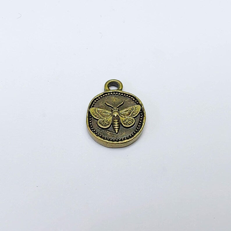 4 Moth Charm Pendant, Double Sided Organic Round Coin Design, Antique Bronze Zamac, 16x12mm, G37610