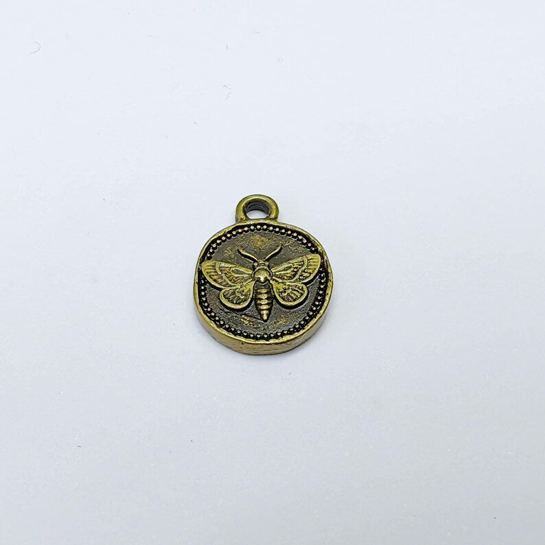4 Moth Charm Pendant, Double Sided Organic Round Coin Design, Antique Bronze Zamac, 16x12mm, G37610