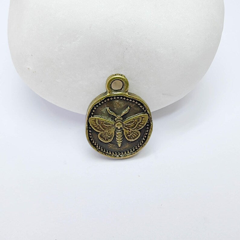 4 Moth Charm Pendant, Double Sided Organic Round Coin Design, Antique Bronze Zamac, 16x12mm, G37610